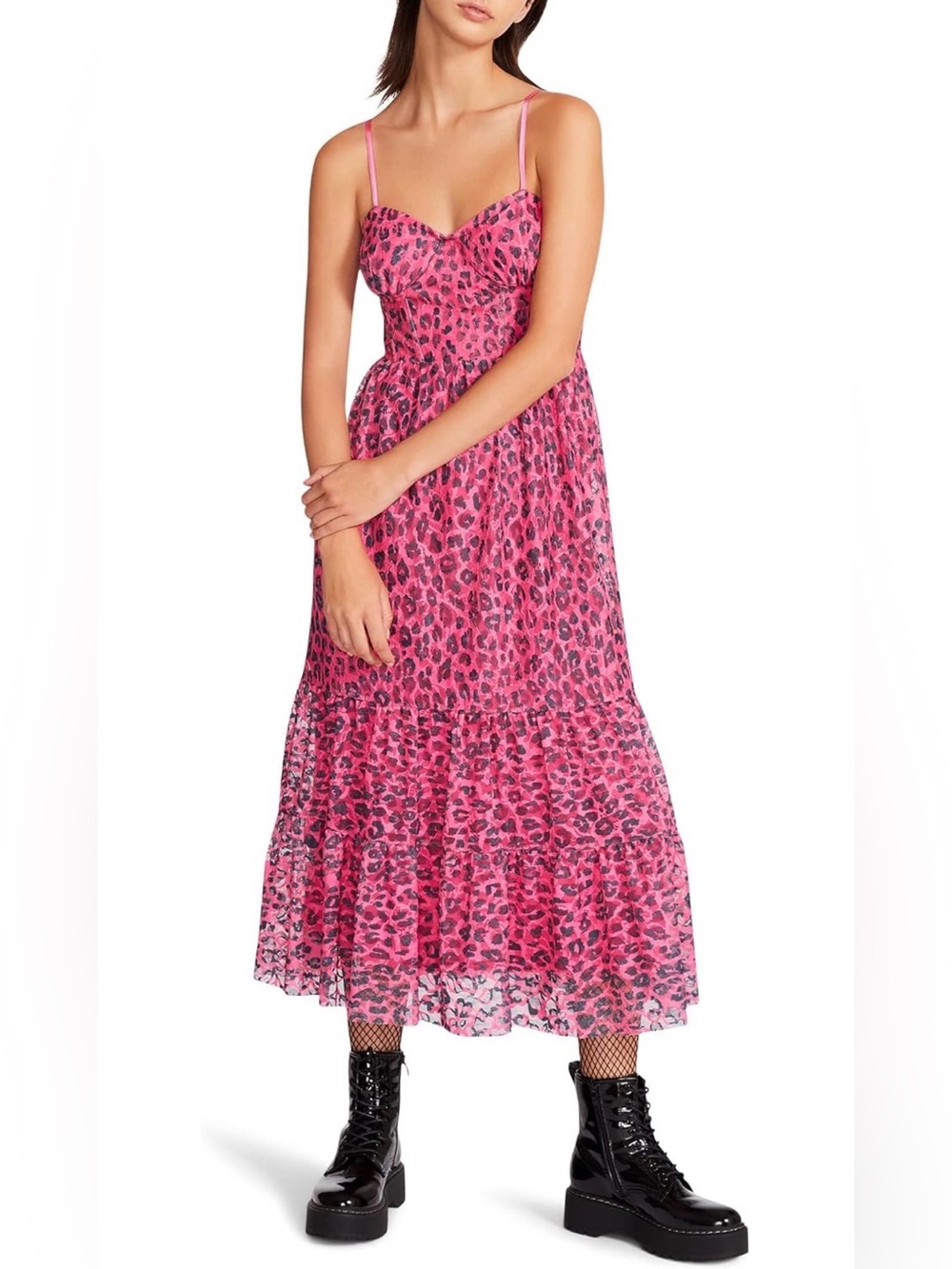 Betsey Johnson pink gray lace corset Wild N Out leopard midi dress size 8